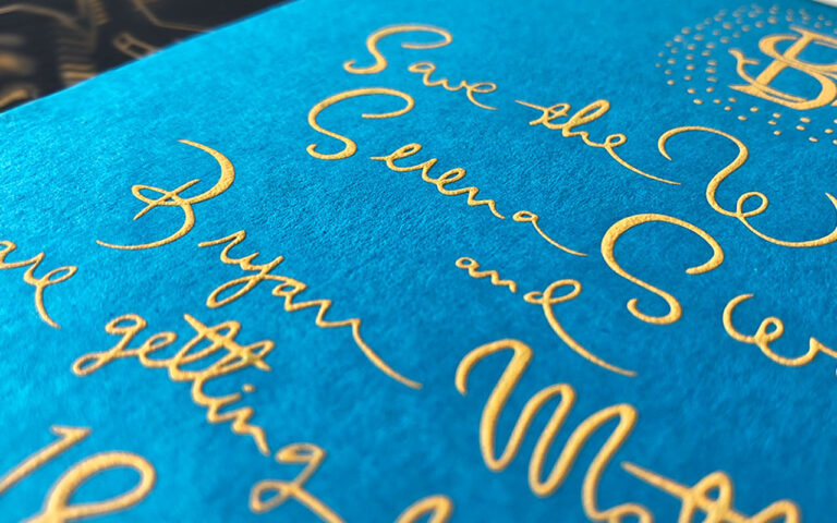 Engraved Save The Date Card on Blue Paper with Yellow Ink