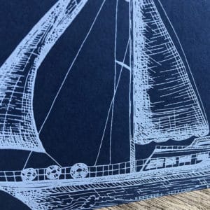 Engraved Stationery of light Blue Sailboat on Navy Paper