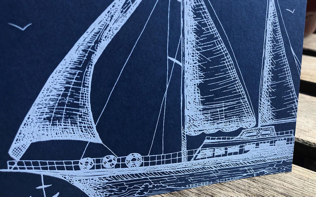 Engraved Stationery of light Blue Sailboat on Navy Paper