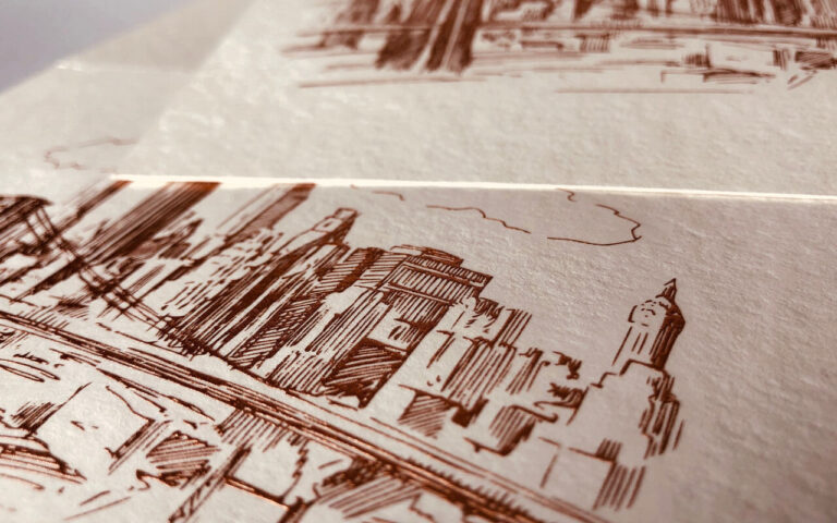 City Skyline Engraved Stationery with Metallic Ink